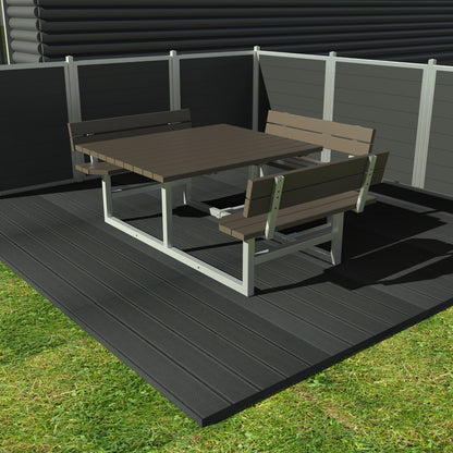 Kvadratisk bord bænkesæt med ryglæn inkl forlænget bordplade til kørestol - Vedligeholdelsesfrie genbrugsplastplanker