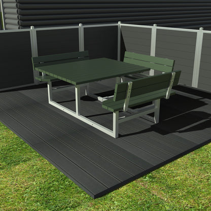 Kvadratisk bord bænkesæt med ryglæn inkl forlænget bordplade til kørestol - Vedligeholdelsesfrie genbrugsplastplanker