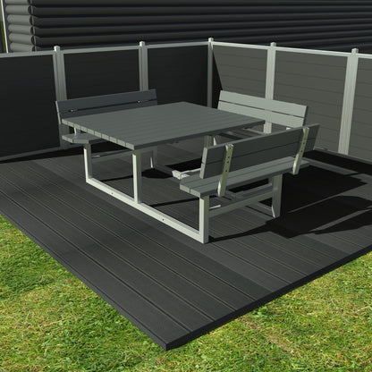 Kvadratisk bord bænkesæt med ryglæn inkl forlænget bordplade til kørestol - Vedligeholdelsesfrie genbrugsplastplanker