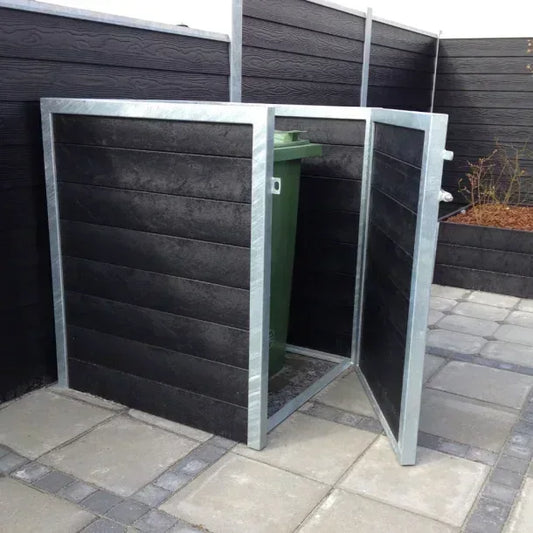 Skraldespandsskjuler - Single med låge - Aske grå - Plastplanker -  - Skraldespandsskjulere