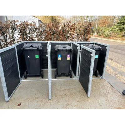 Skraldespandsskjuler - Triple med låge - Sort - Plastplanker -  - Skraldespandsskjulere